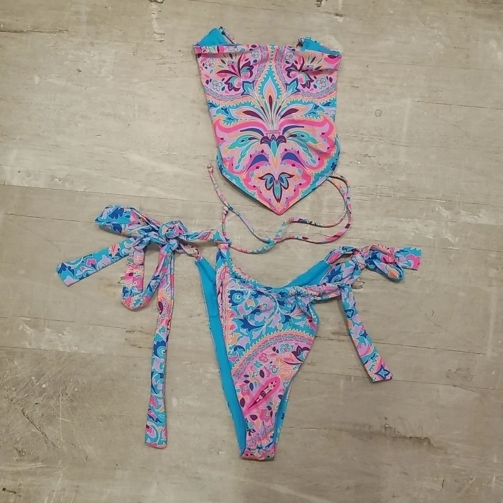 💕FRANKIE'S BIKINI💕 Halo Strapless Top + Willow Bottom ~ Scarf Print Medium